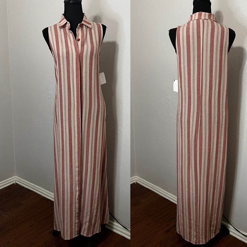 New!! Rachel Pally Sleeveless Button Front Red/Khaki Striped Maxi Dress Size S